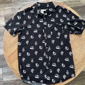 Pyknic No Problemo Tacos and Cactus Print‎ Black Button Up Short Sleeve S Mens